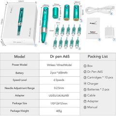 Dr.Pen A6S Microneedling Pen Micro Needling Treatment Tool Kit for Skincare Professional Microneedle Machine in 6 Speeds Adajustable with 5 pcs 16-Pin 5 pcs 36-Pin Cartridges Wireless