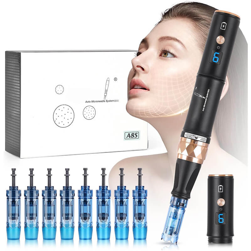 Professional Derma Pen A8S, Wireless Dr.pen A8S with 6 Speeds, Electric Dermapen with 8pcs Cartridges Replacement (12PIN 36PIN), 0.25-2.5mm Adjustable